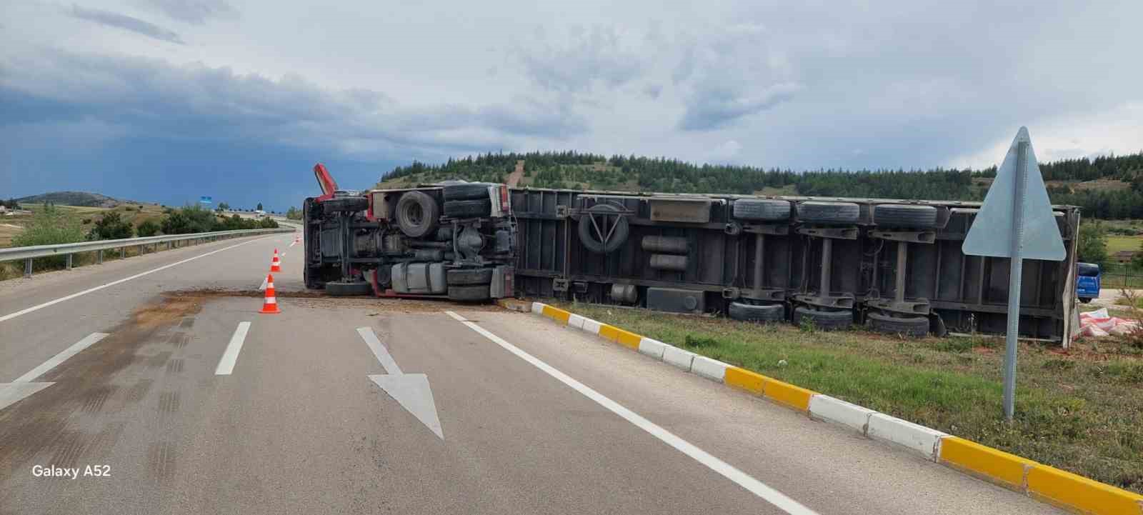 Kontrolden çıkan hayvan yemi yüklü tır devrildi
