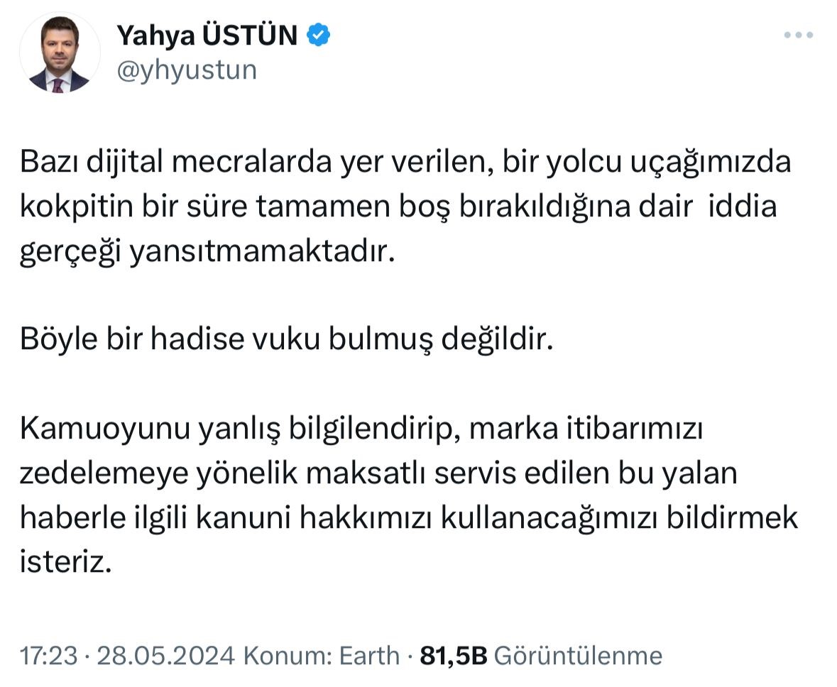 THY’den uçağın kokpitinin bir süre boş kaldığı gündeme oturdu
