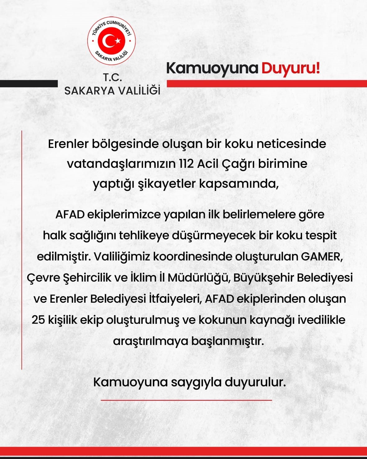 Sakarya Valiliği’nden kokuya ilişkin açıklama:
