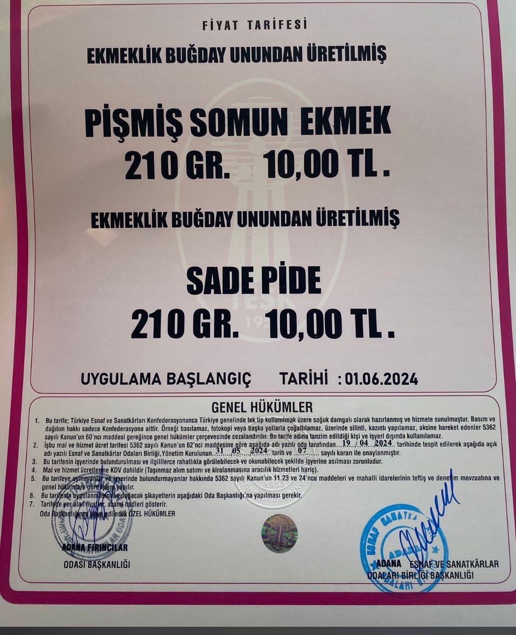 Adana’da 210 gram ekmek 10 lira oldu
