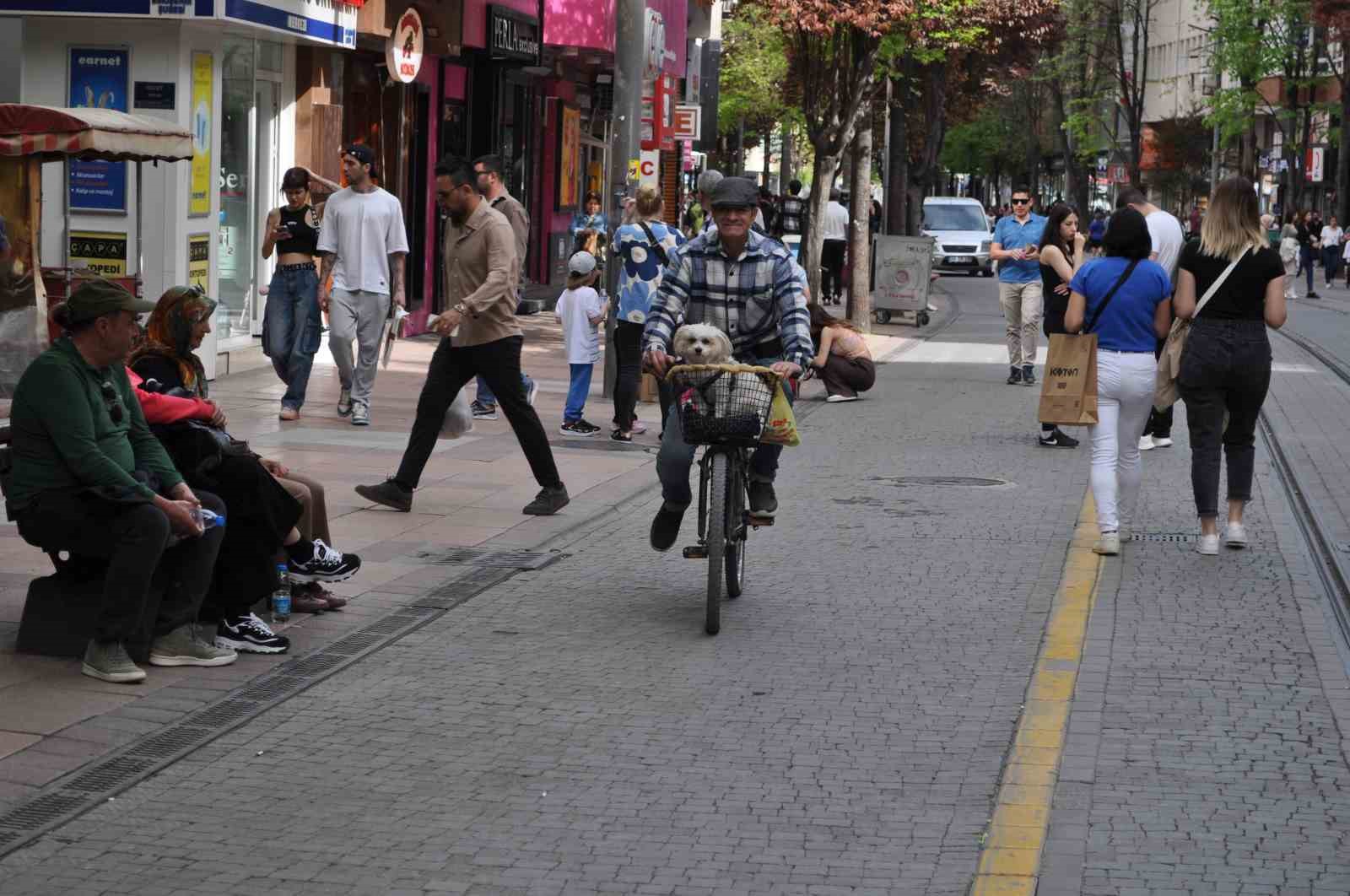 Köpeğini bisikletinin sepetine koyup güzel havanın tadını çıkardı
