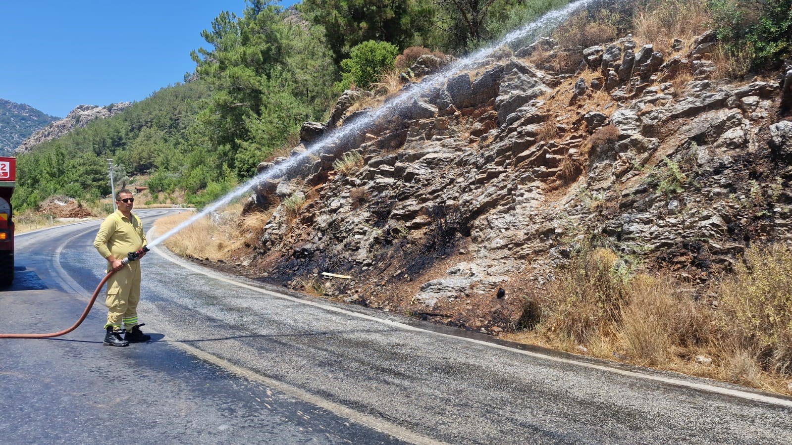 Yol kenarındaki yangın ormana sıçramadan söndürüldü
