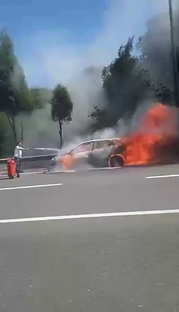 Otoyolda alev alev yandı: Otomobilden geriye demir yığını kaldı
