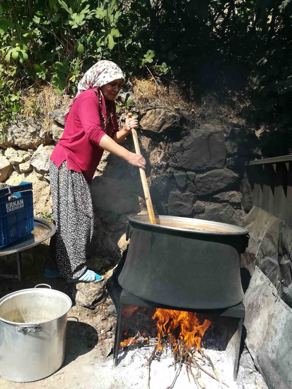 Dutun önemli geçim kaynağı olduğu Kemaliye’de kadınların zorlu pestil ve pekmez yapımı imece usulü ile eğlenceli hale geliyor
