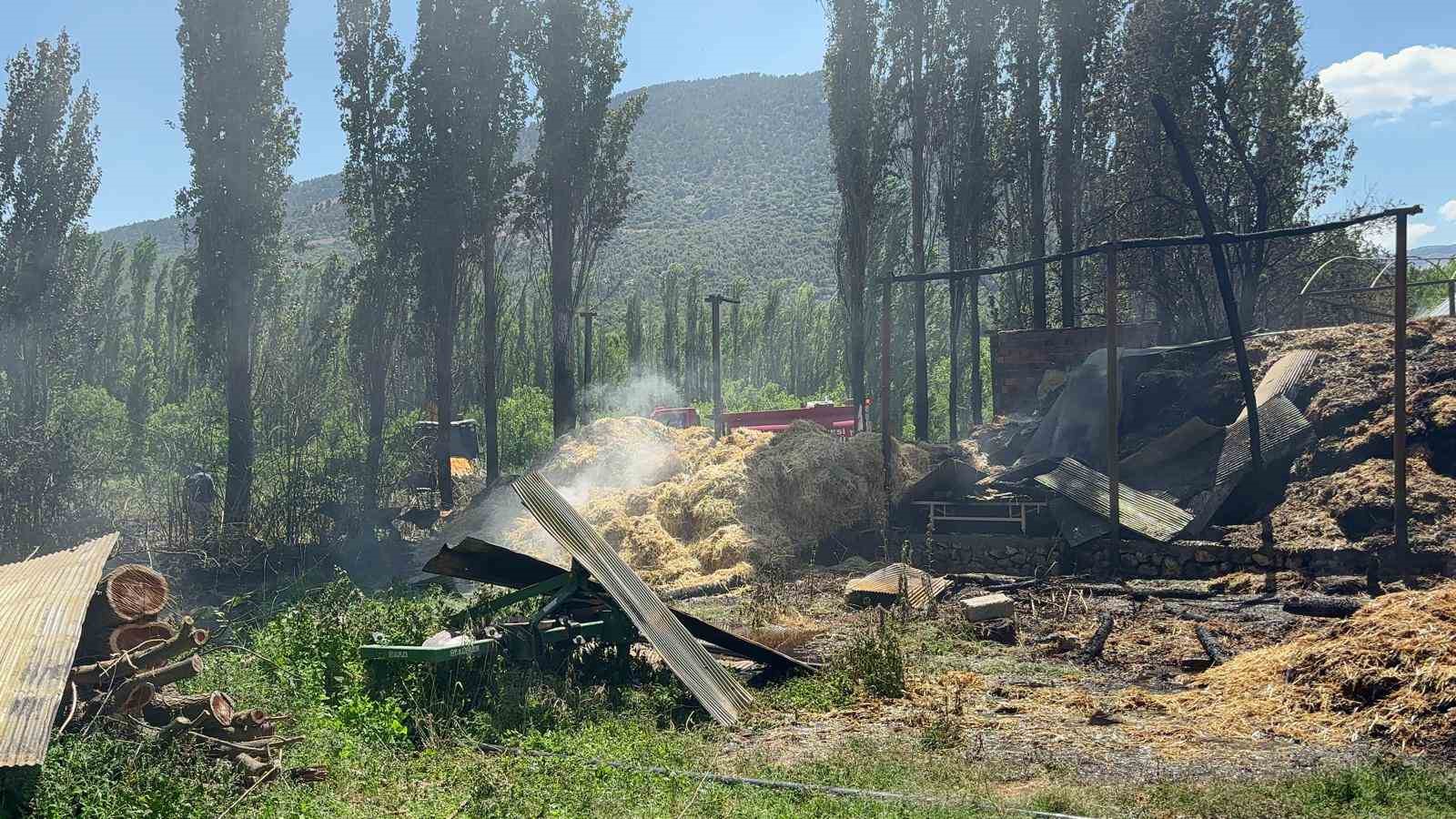 Tarlada başlayan yangın ahır ve saman balyalarına sıçradı, bine yakın saman balyası yandı
