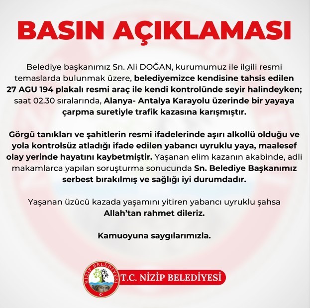 Nizip Belediye Başkanı Doğan’ın çarptığı yaya hayatını kaybetti
