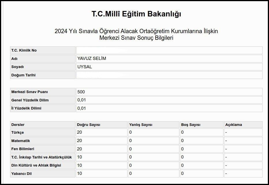 Mersinli öğrencinin LGS başarısı
