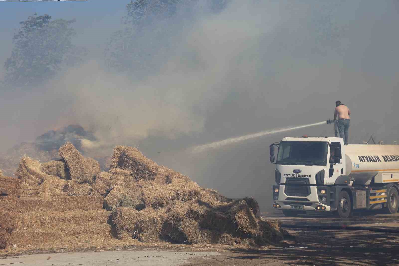 Ayvalık’ta çöp döküm alanında çıkan yangın otluk ve zeytinlik alana sıçradı
