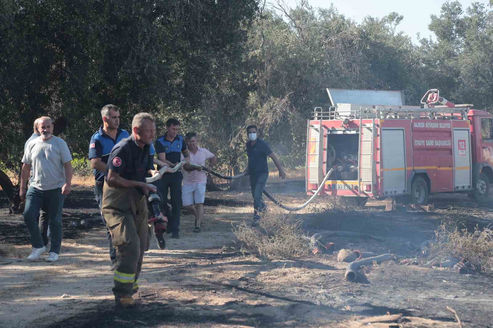 Ayvalık’ta çöp döküm alanında çıkan yangın otluk ve zeytinlik alana sıçradı
