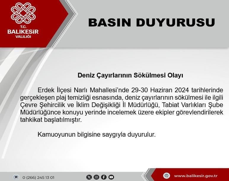 Balıkesir Valiliği deniz çayırlarının sökülmesi olayı ile ilgili soruşturma başlattı
