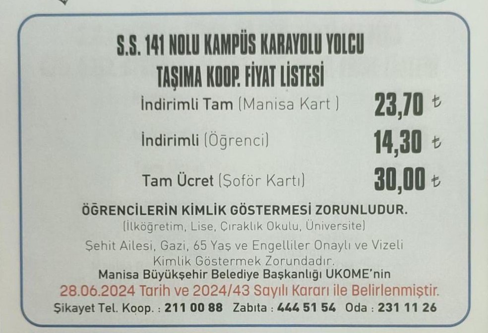 Manisa’da toplu taşıma zamlandı
