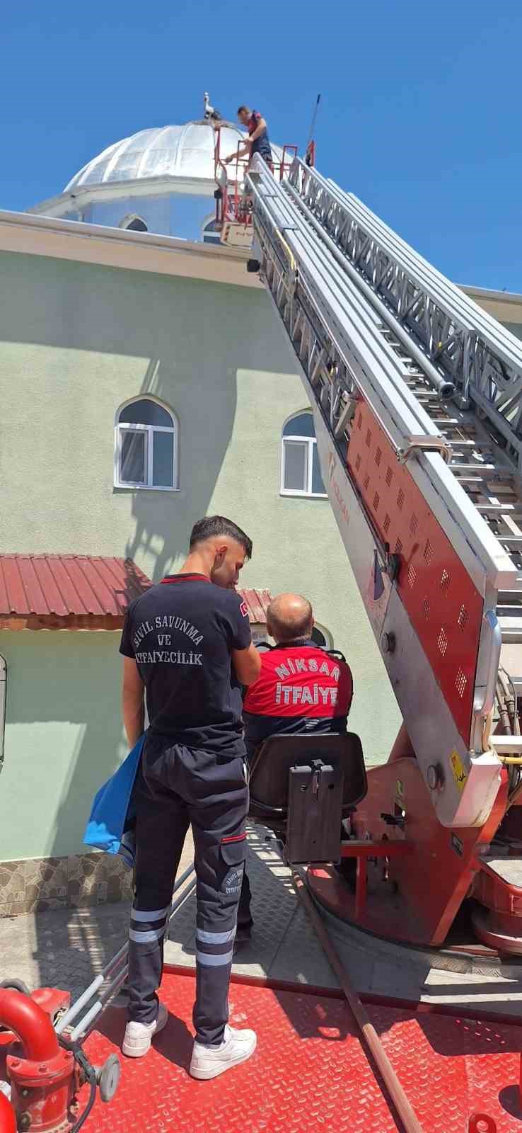 Cami kubbesindeki yuvadan düşen leylek yavrusu kurtarıldı
