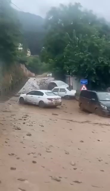 Bursa’da taşan dere araçları böyle önüne kattı...Araçların sürüklenmesi kamerada
