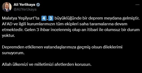 Malatya’da 4.3 büyüklüğündeki deprem korku ve paniğe neden oldu
