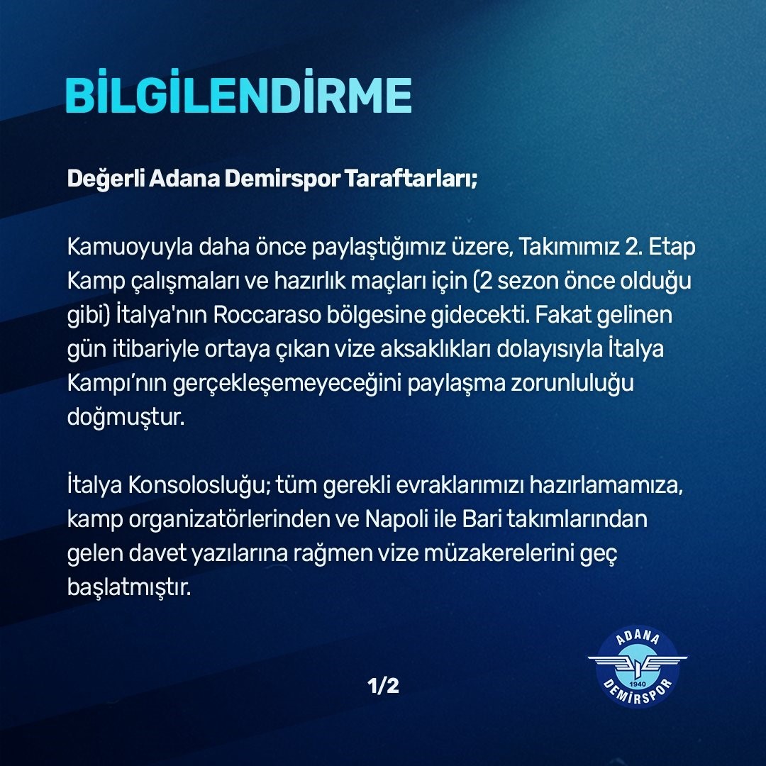 Adana Demirspor’un İtalya kampına ’Vize’ engeli
