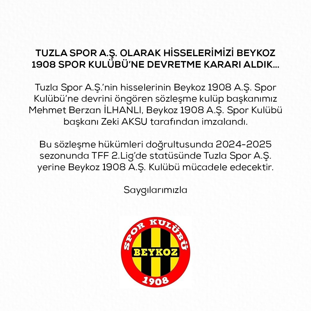 Tuzlaspor, hisselerini Beykoz 1908 SK’ya devrettiğini açıkladı
