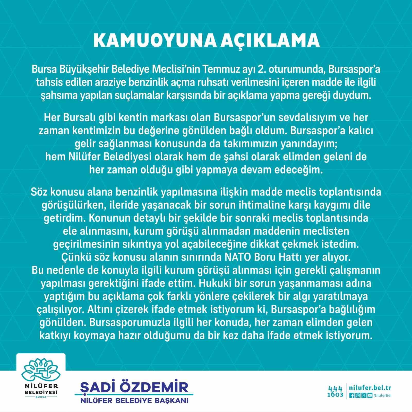 Nilüfer Belediye Başkanı Şadi Özdemir’den Bursaspor açıklaması! “Algı oluşturulmaya çalışılıyor”
