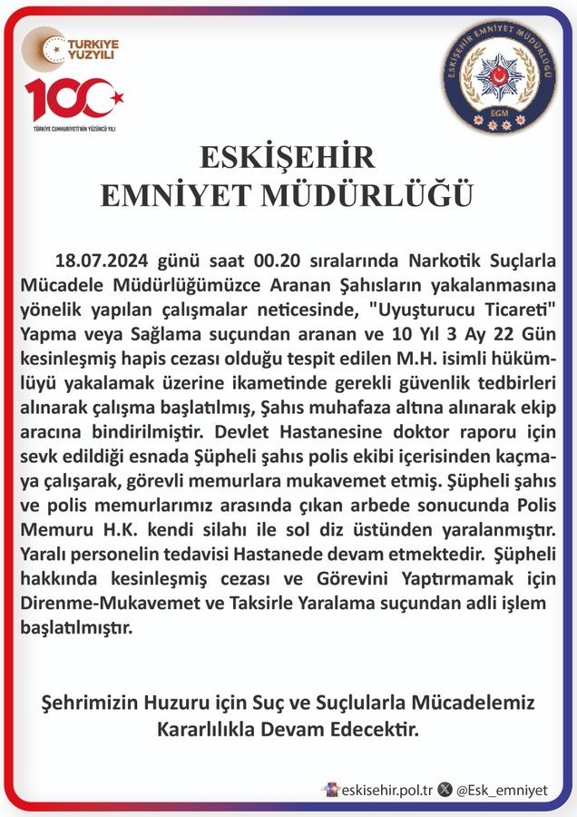 Yaralanan polis memuru hakkında Eskişehir Emniyet Müdürlüğü açıklama yaptı
