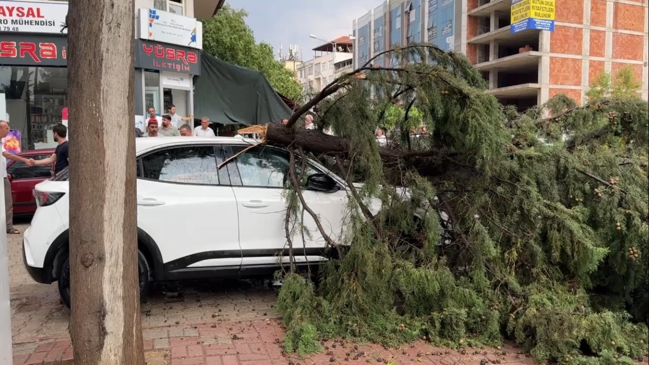 Burdur’da fırtınada kırılan ağaç aracın üzerine devrildi
