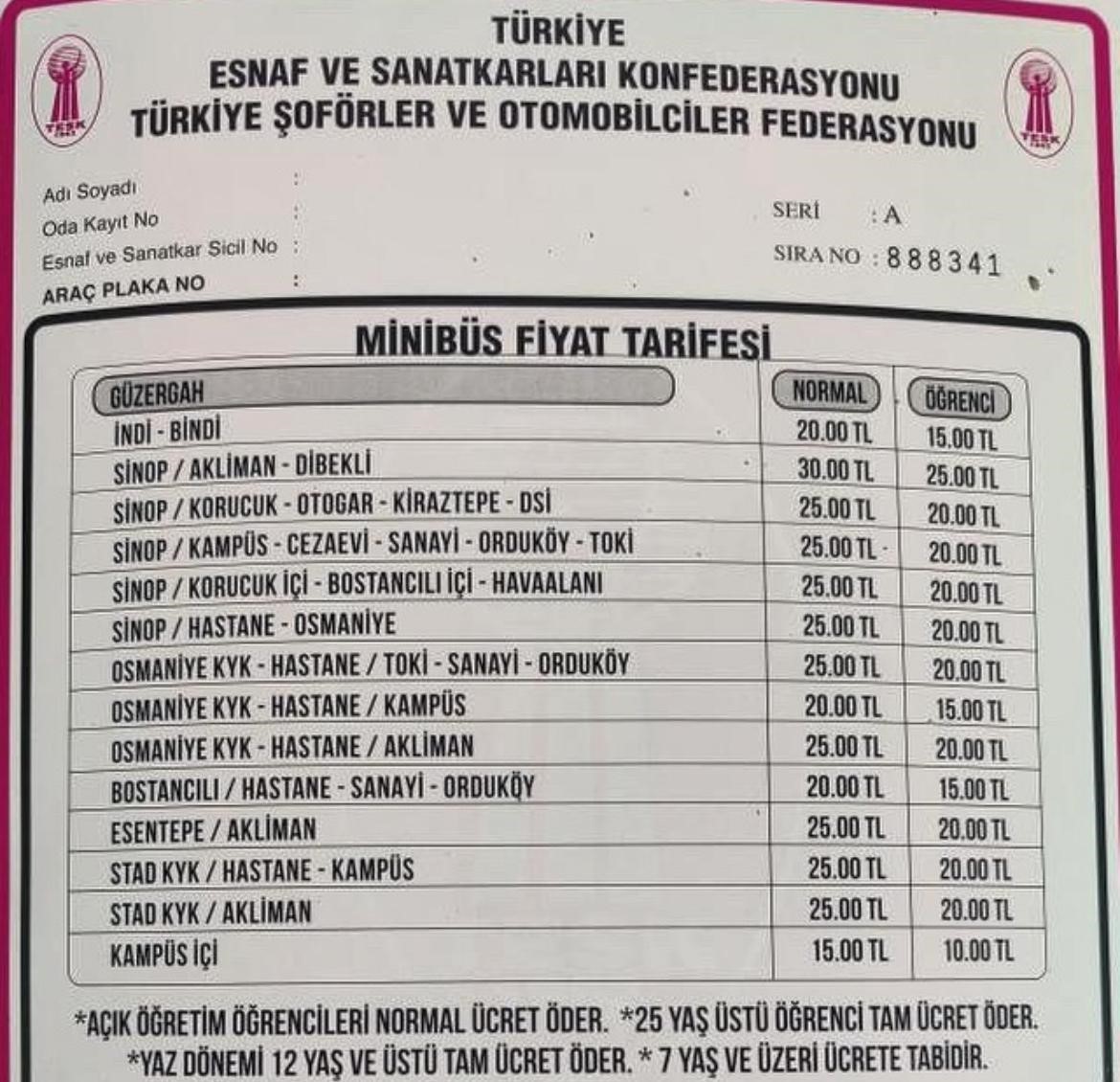 Sinop’ta toplu taşımaya zam
