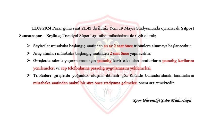 Spor polisinden Samsunspor-Beşiktaş maçı öncesi taraftara uyarı
