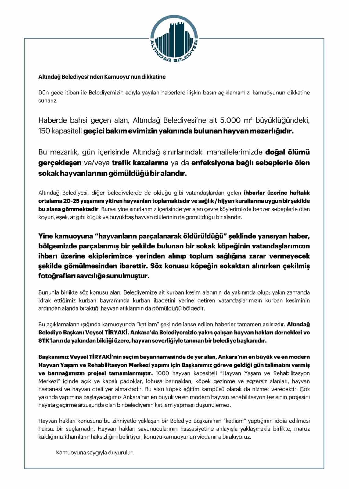 Altındağ Belediyesi: “Söz konusu alan vatandaşlarımızın kurban kesiminin ardından alanda biriktirdikleri hayvan atıklarının da gömüldüğü bölgedir”
