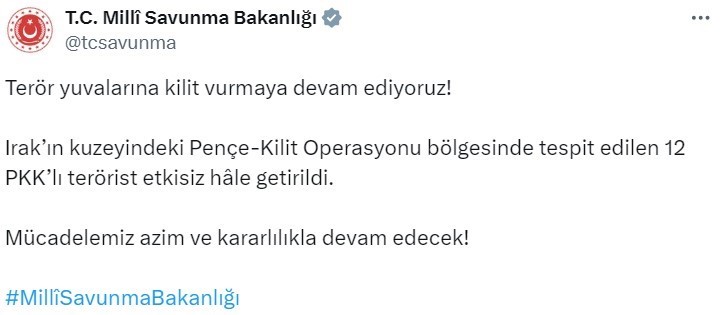 Irak’ın kuzeyindeki 12 PKK’lı terörist etkisiz hale getirildi
