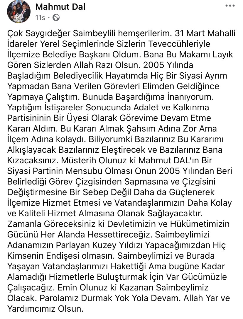 Saimbeyli Bağımsız Belediye Başkanı Mahmut Dal AK Parti’ye geçti
