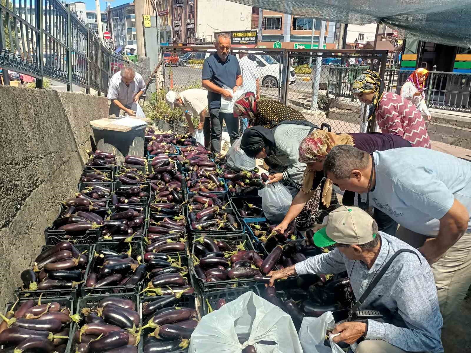 Üretim fazlası 5 ton patlıcanı yüzlerce kişiye bedava dağıttılar
