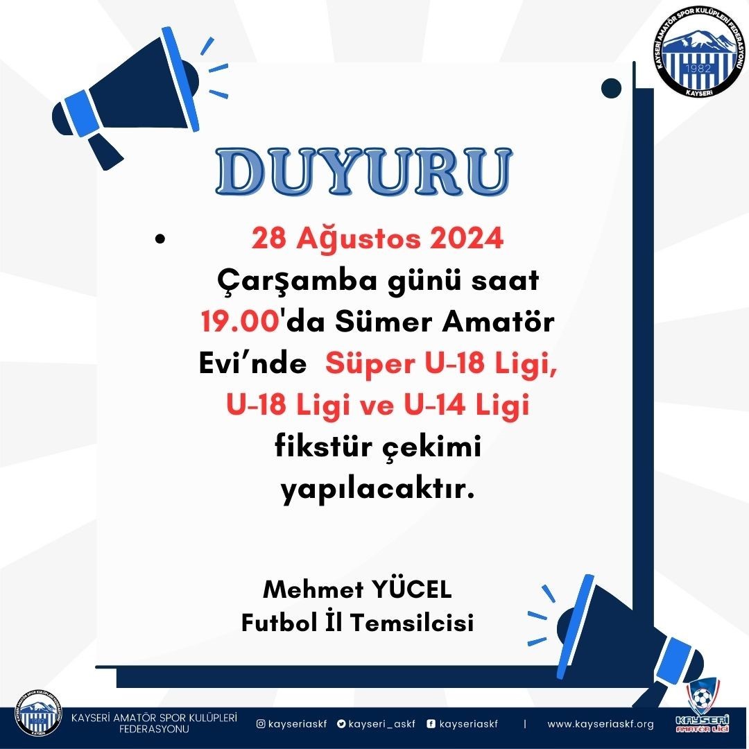 Kayseri Süper U18 Ligi, U18 Ligi ve U14 Ligi  fikstürü çekiliyor
