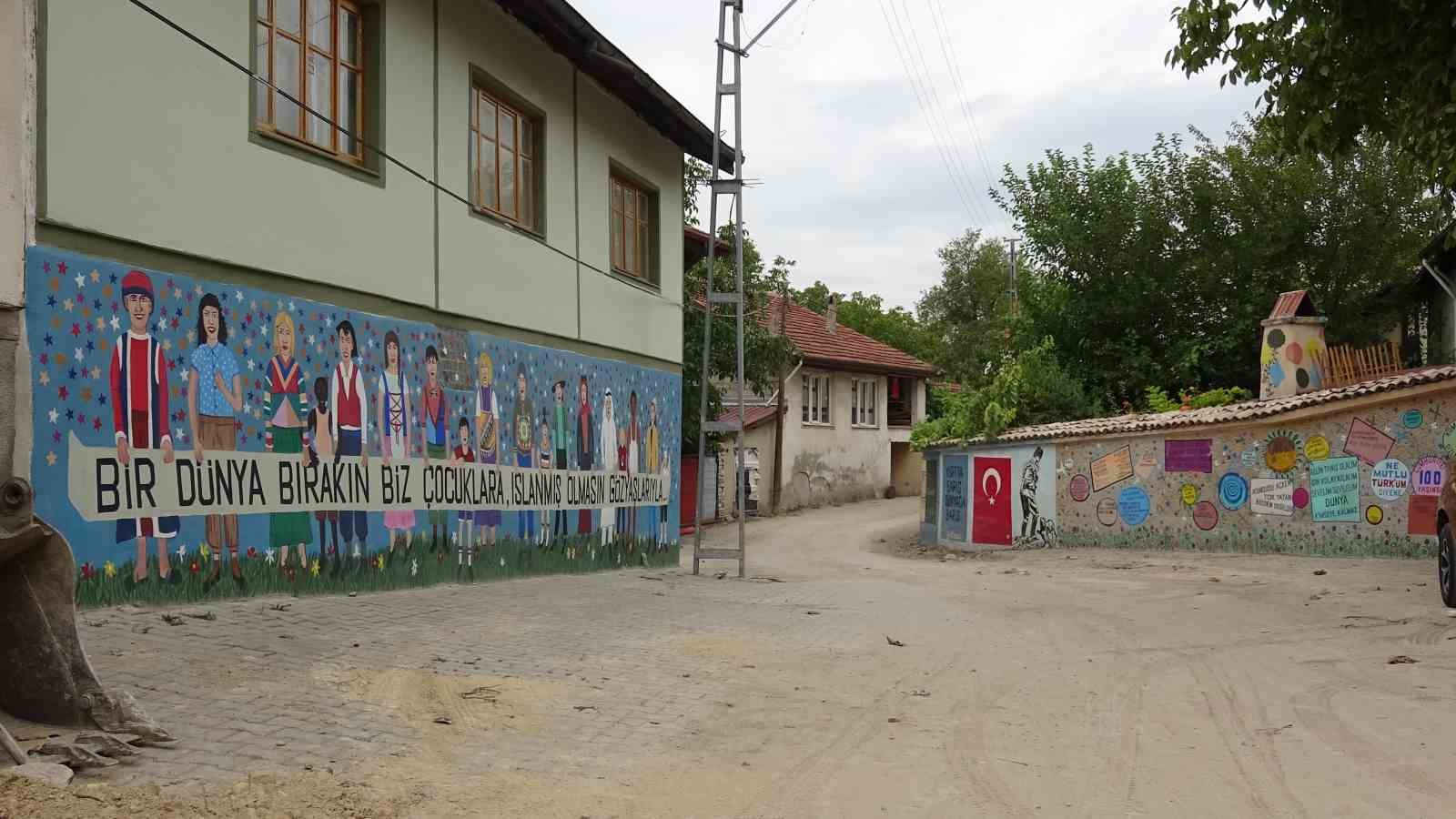 Emekli öğretmen çocukluk tutkusunu köyünün bahçe duvarlarını süsleyerek sürdürüyor
