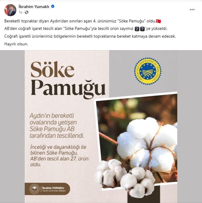 Bakan Yumaklı’dan Söke Pamuğu paylaşımı
