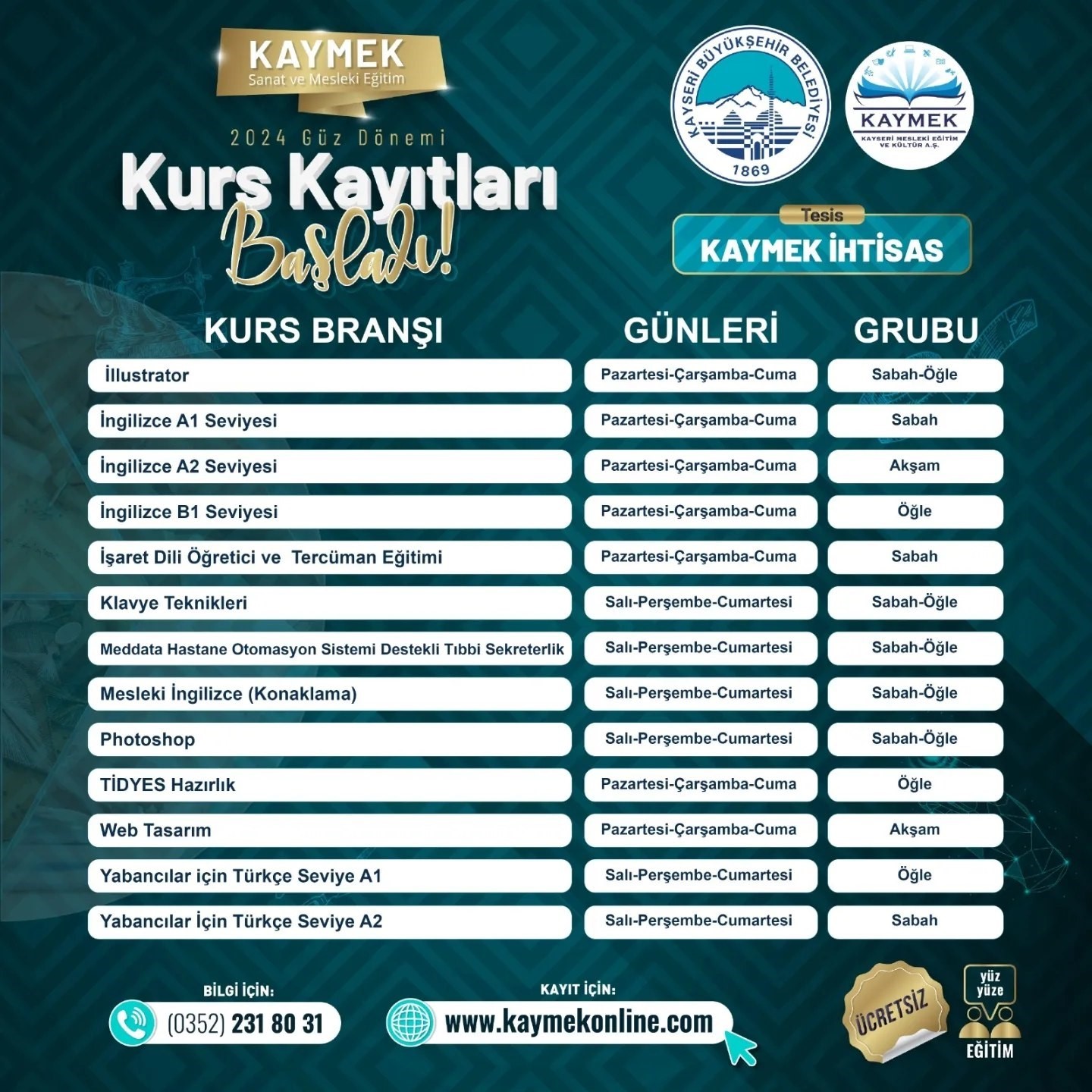 KAYMEK’te 2024-2025 eğitim öğretim yılı kurs başvuruları başladı
