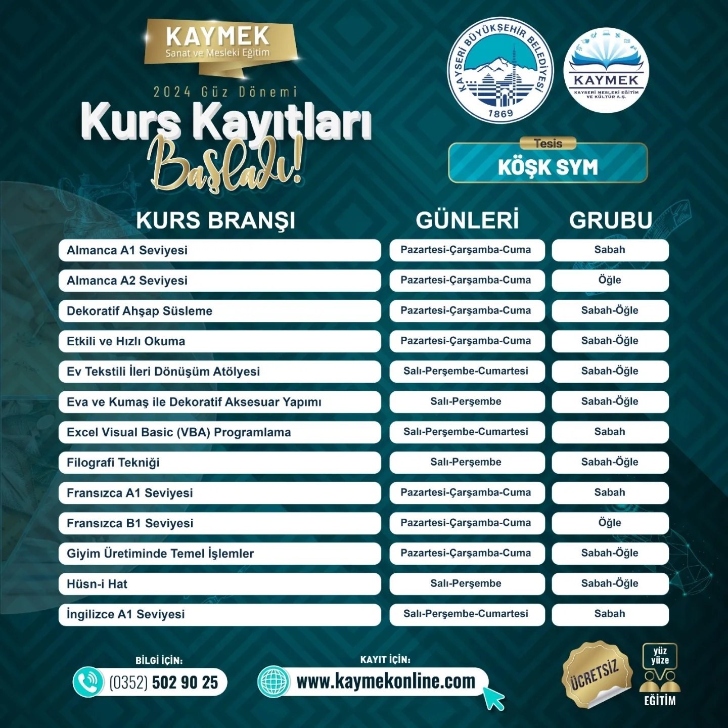 KAYMEK’te 2024-2025 eğitim öğretim yılı kurs başvuruları başladı
