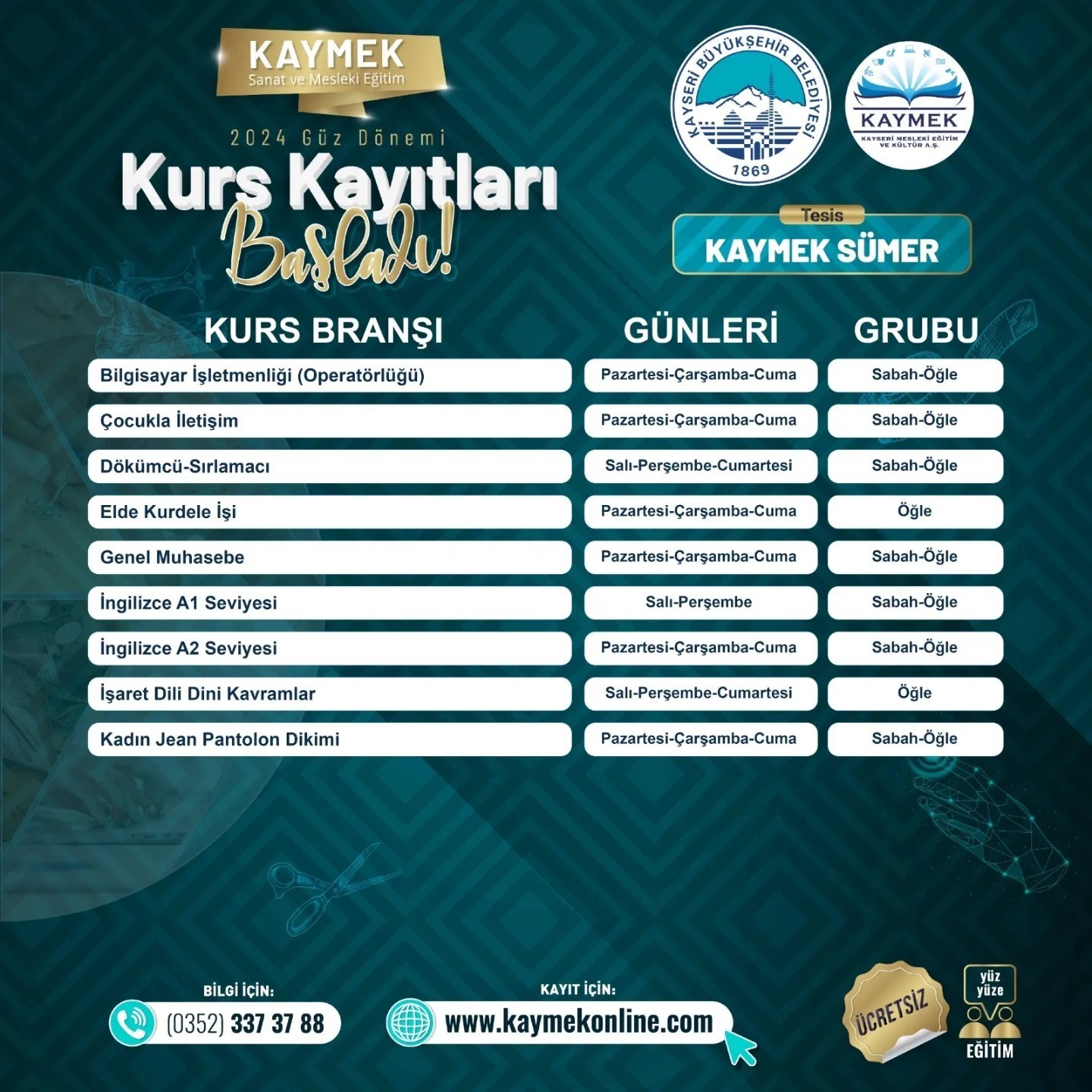 KAYMEK’te 2024-2025 eğitim öğretim yılı kurs başvuruları başladı
