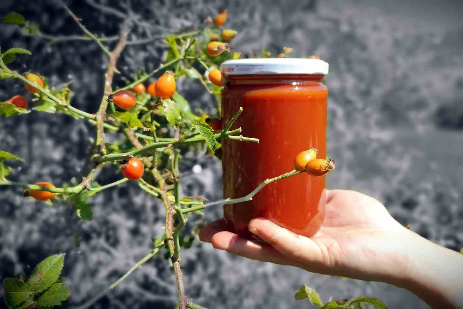 Zorlu arazilerden toplanan kuşburnu marmelat olarak kavanozlara giriyor
