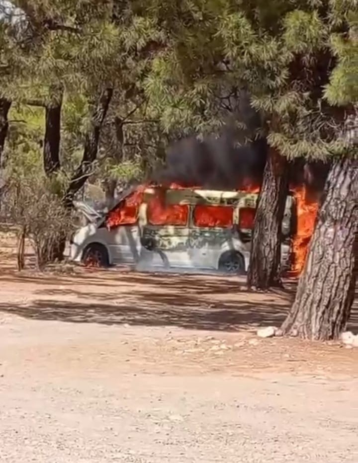 Park halindeki tur minibüsü alev alev yandı
