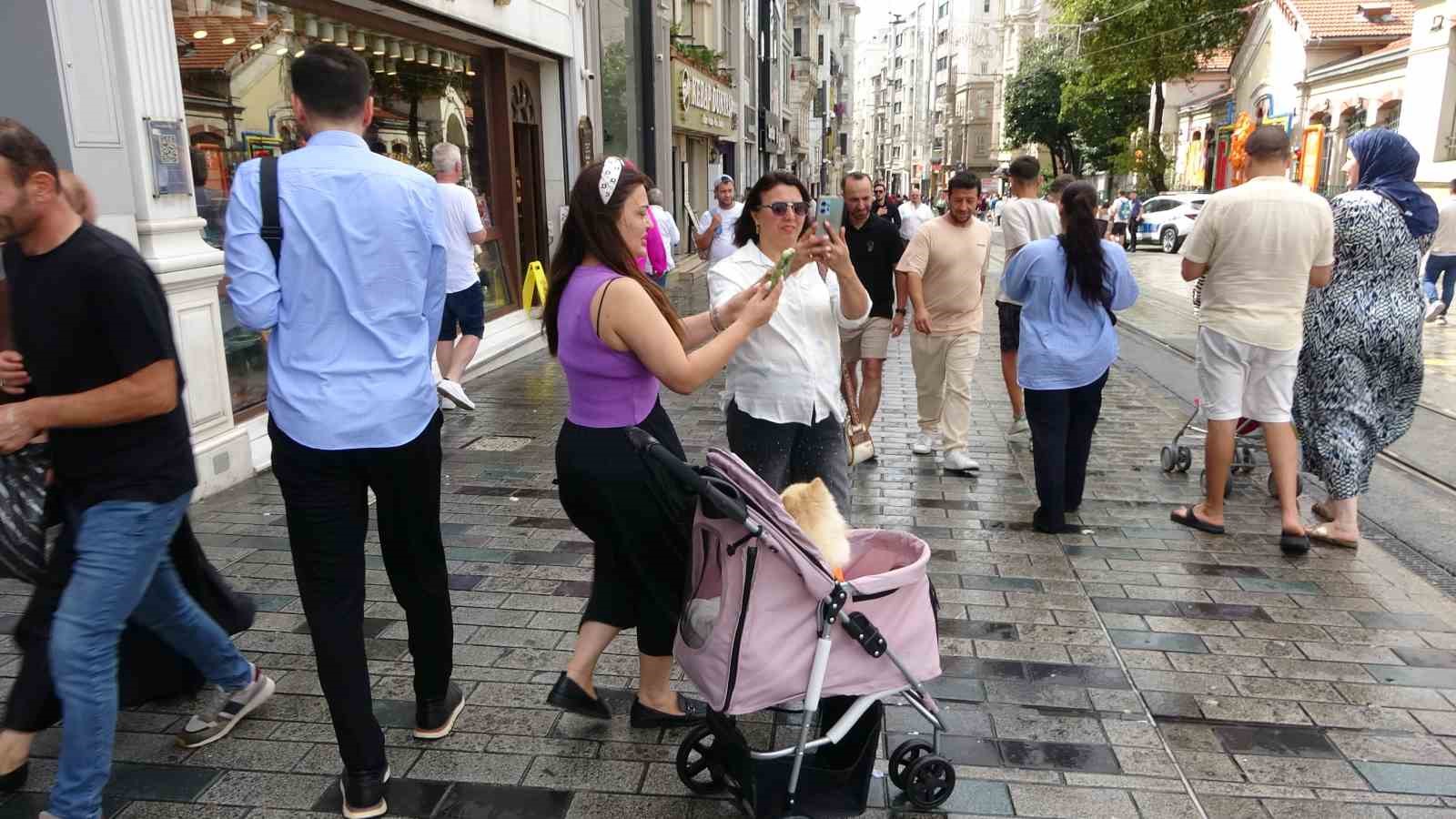 Taksim Meydanı’nda bebek arabasında gezdirilen köpek ilgi odağı oldu
