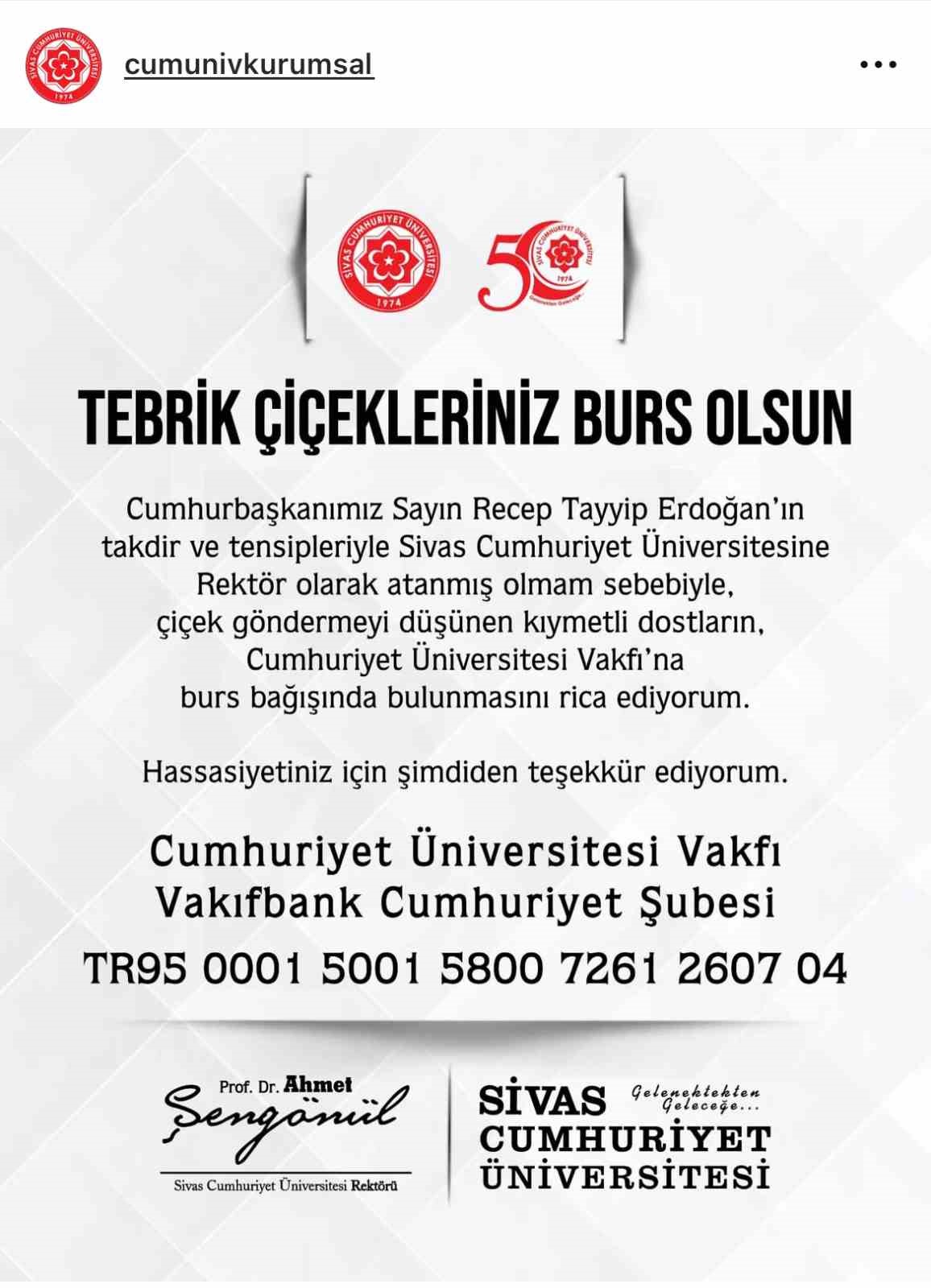 Rektör Şengönül’den anlamlı talep “çiçekleriniz burs olsun”
