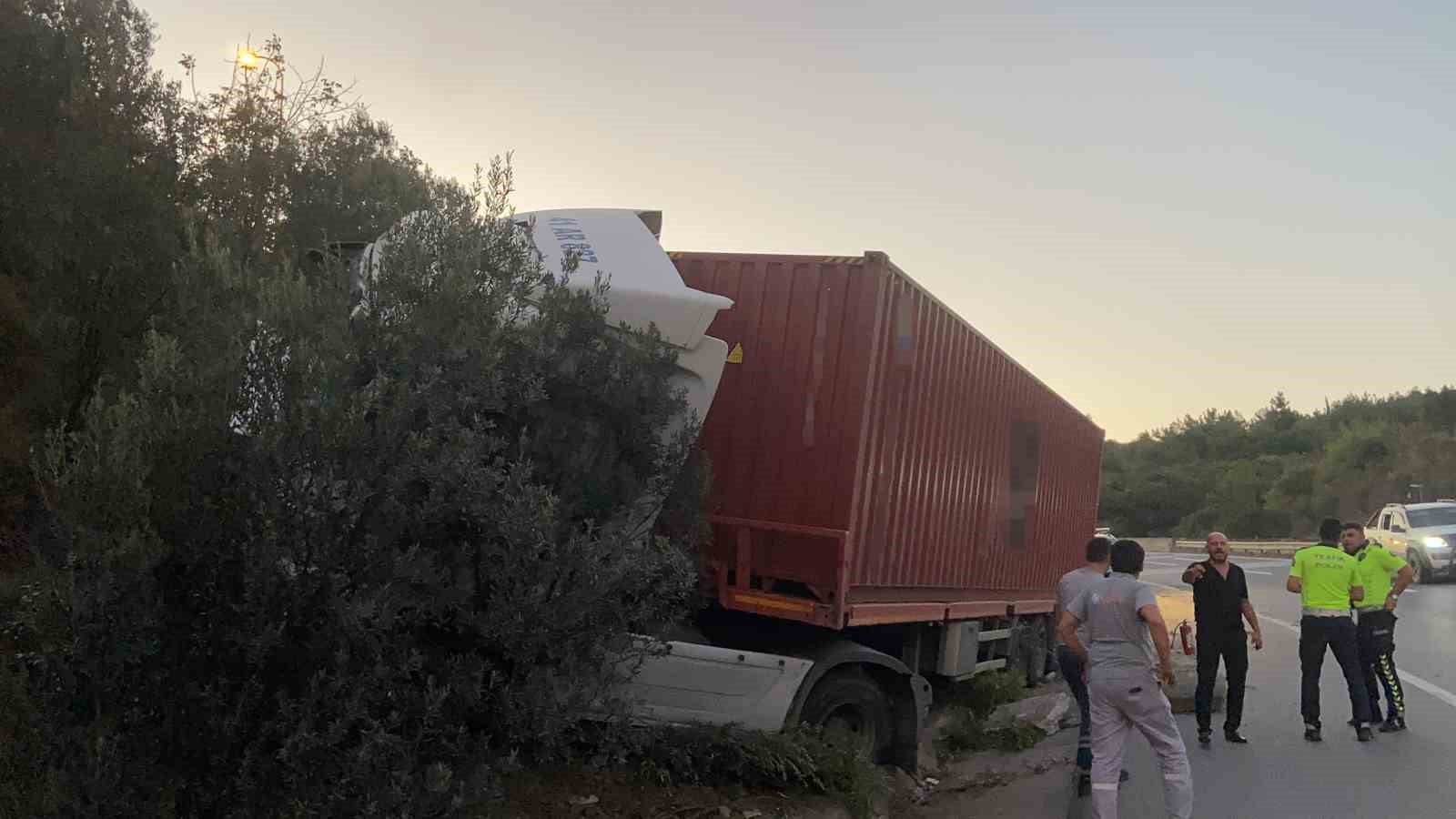 Kontrolden çıkan tır ağaçlık alana daldı, sürücü yaralandı
