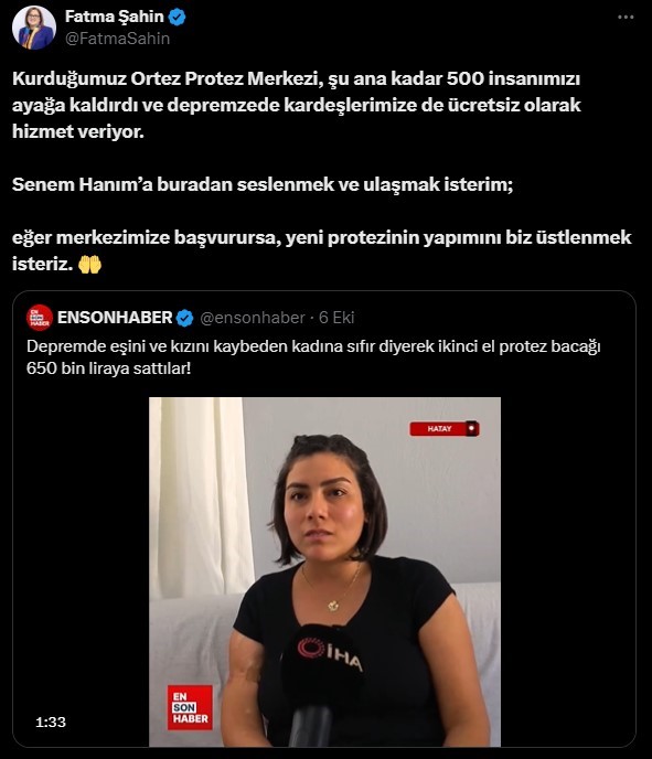 İkinci el protez satılarak dolandırılan depremzede Senem’e Başkan Şahin sahip çıktı
