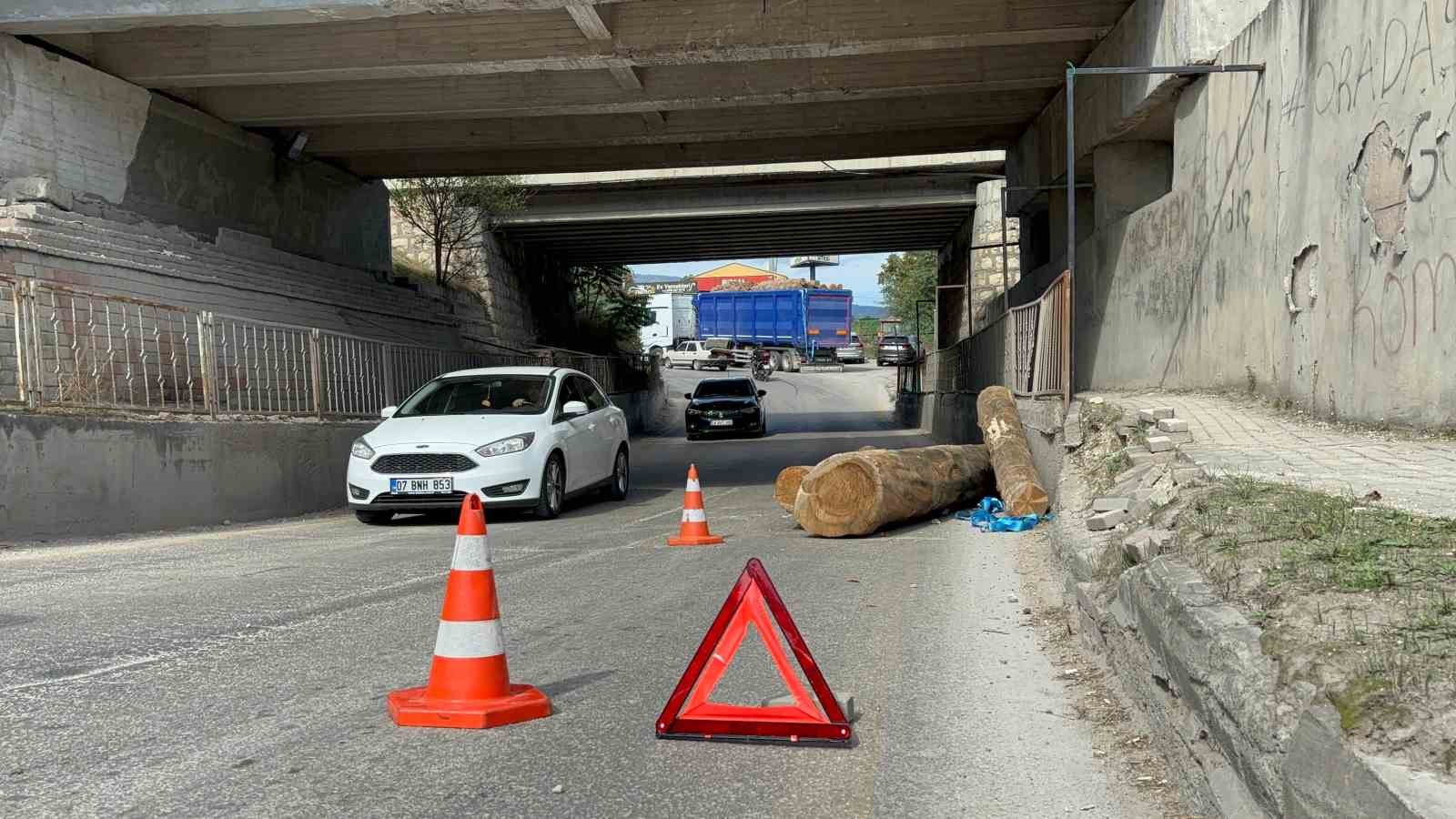 Tır alt geçitten geçerken tomrukları yola düşürdü
