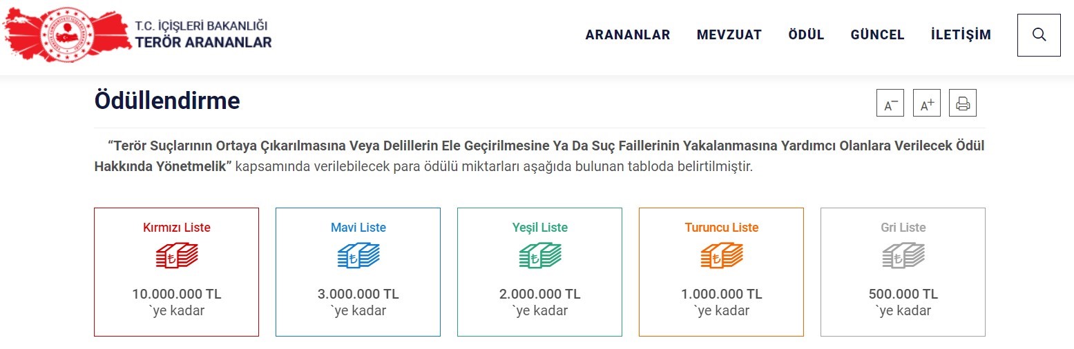 Terör ihbar ödülleri güncellendi: Kırmızı listedekiler için verilen ödül miktarı 20 milyon liraya yükseldi
