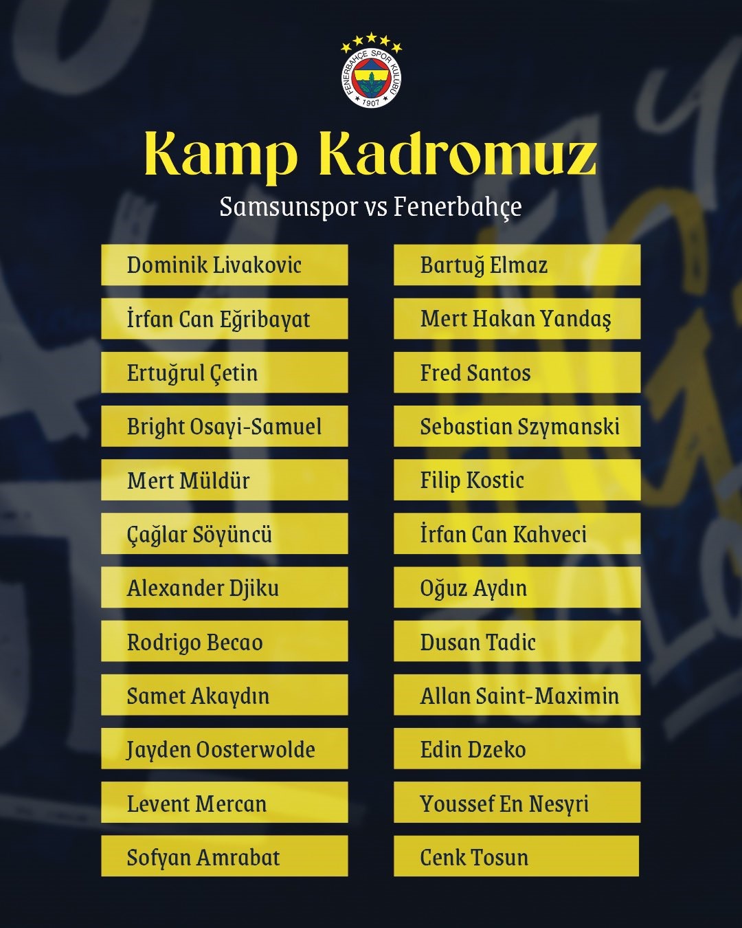 Fenerbahçe’nin Samsunspor maçı kamp kadrosu belli oldu
