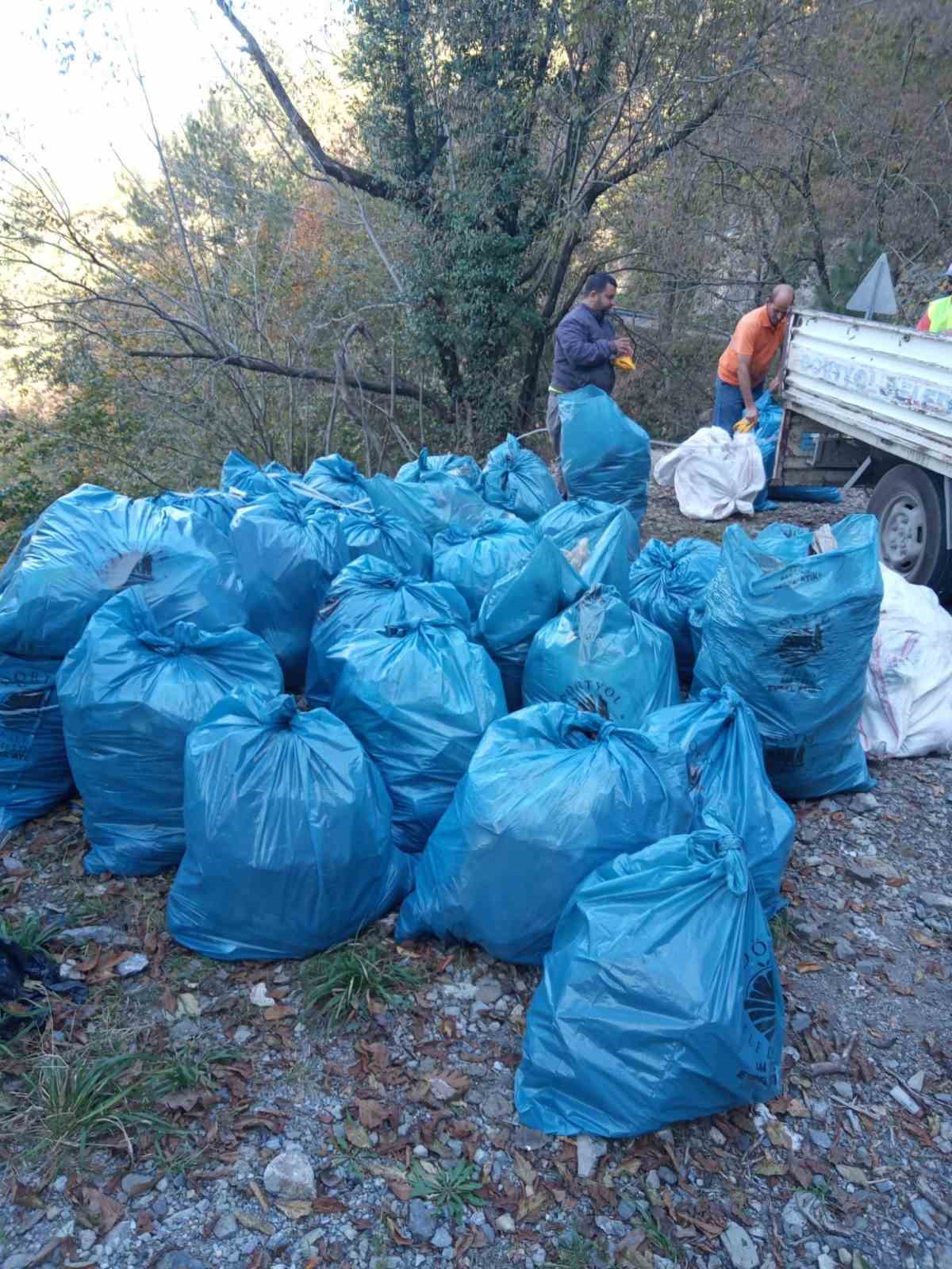 Yaylada vadiye atılan torbalarca çöp zorlu şartlarda toplandı
