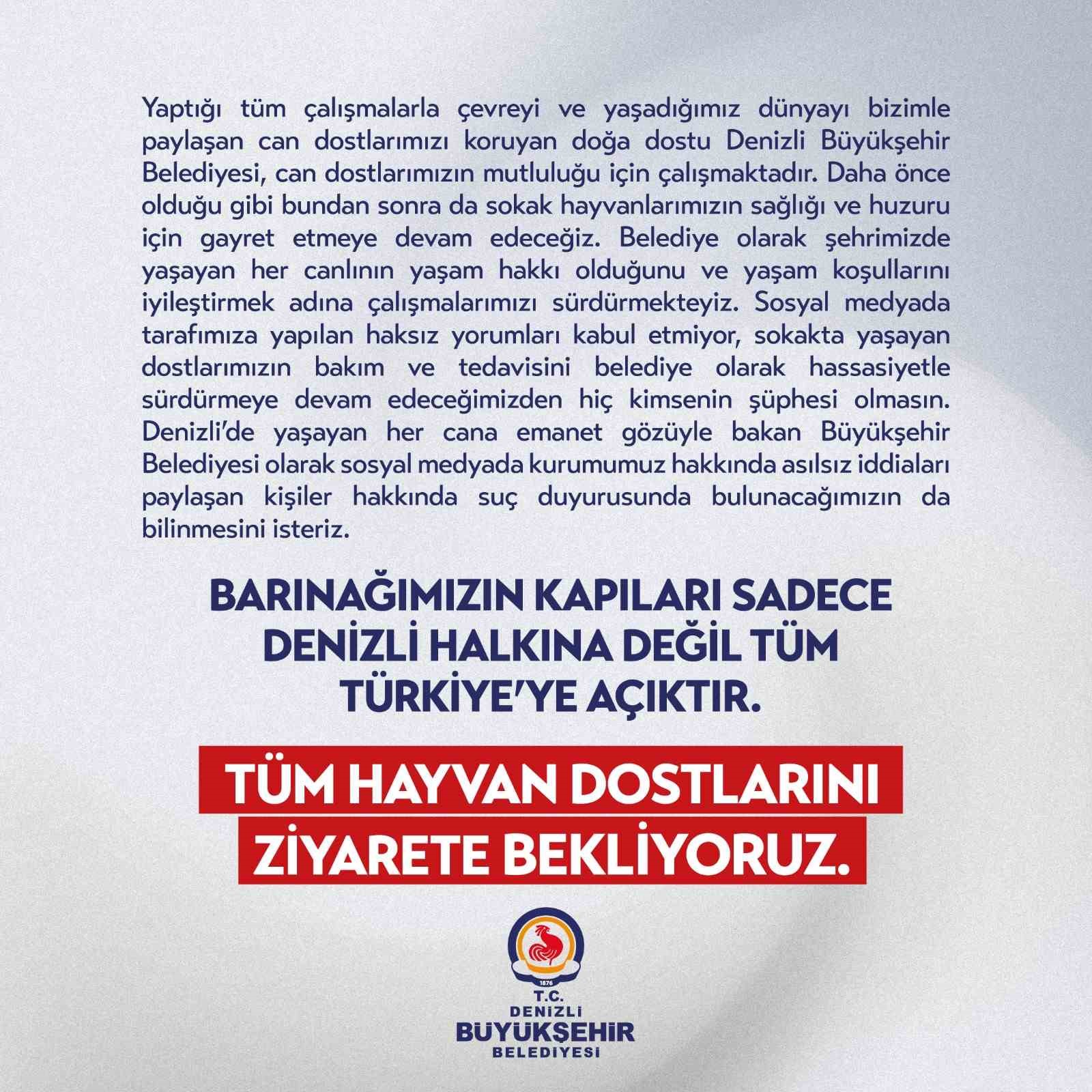 Denizli Büyükşehir Belediyesi; “Barınağımızın kapısı tüm Türkiye’ye açıktır”
