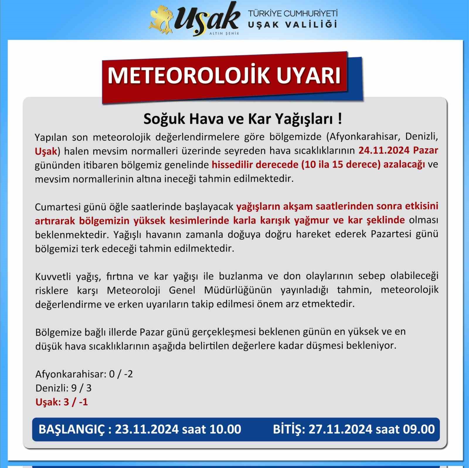 Uşak Valiliğinden soğuk hava ve kar yağışı uyarısı
