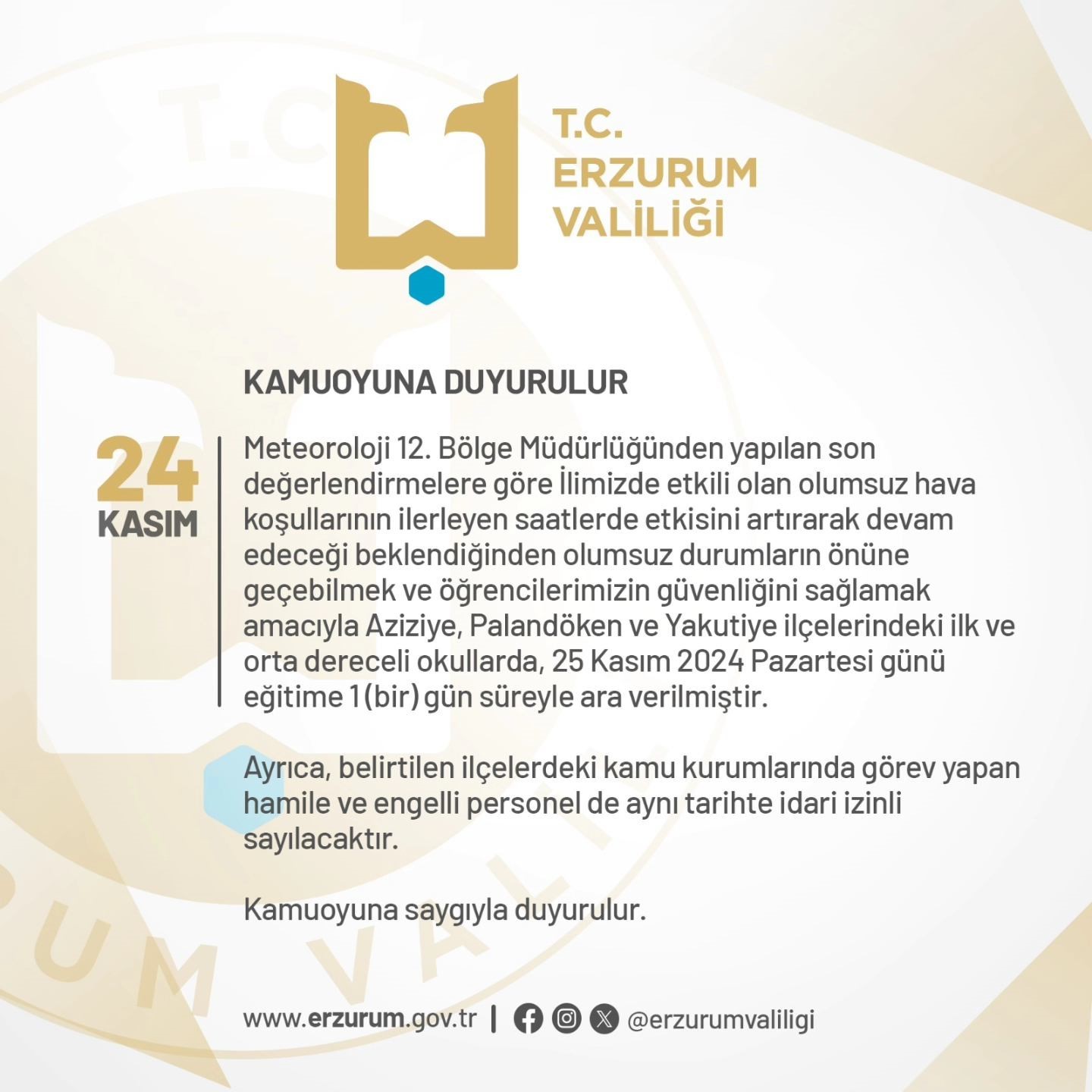 Erzurum’da eğitim bir günlük ara
