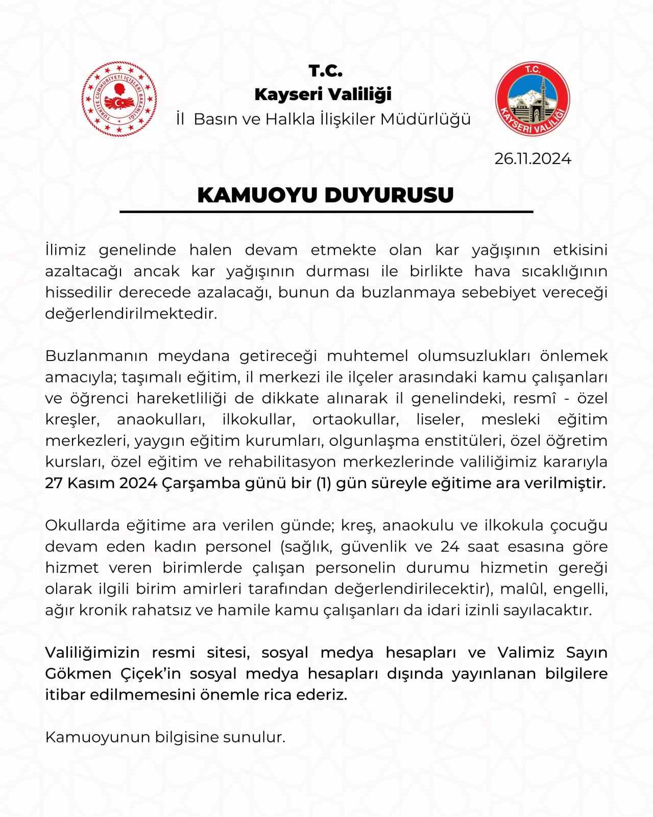 Kayseri’de kar nedeni ile eğitime 1 gün daha ara verildi
