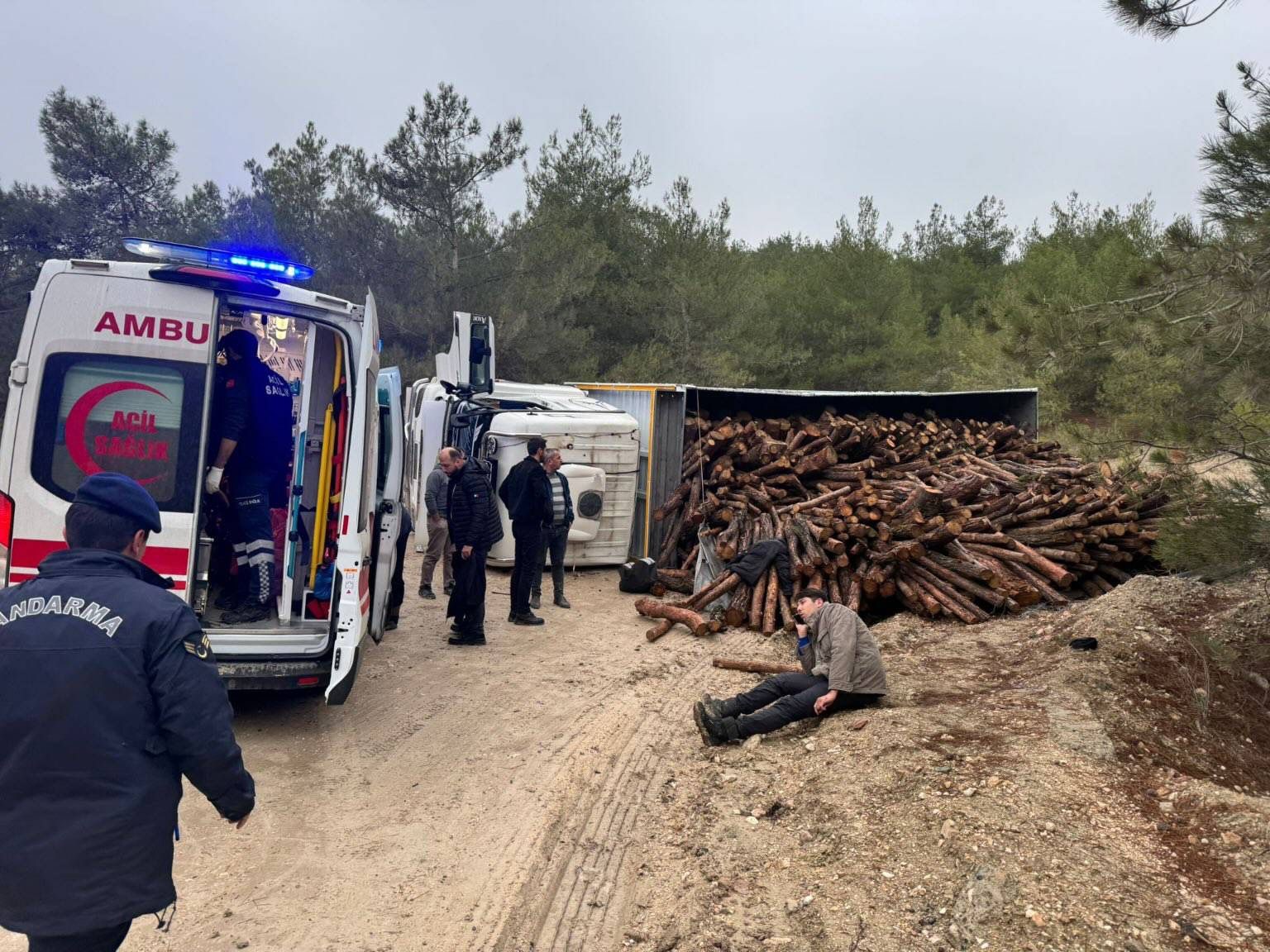 Odun yüklü kamyon devrilirken, 3 kişi yaralandı
